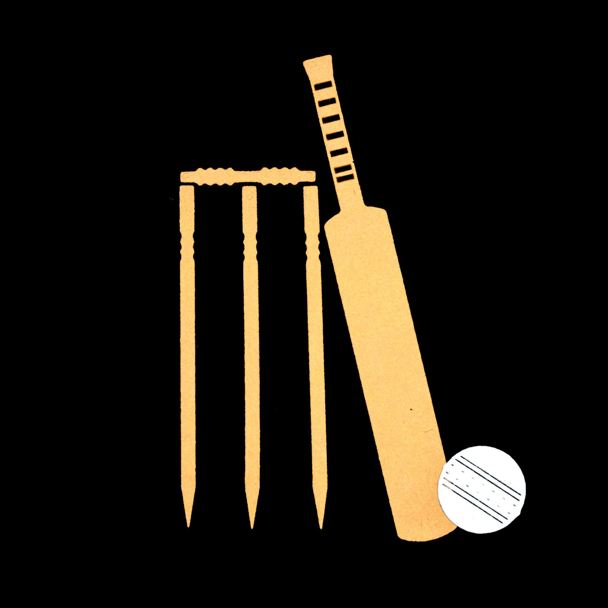 Cricket-themed die cuts on a black background showing a bat, stumps, ball and bails cut from kraft card