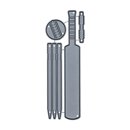 Cricket metal cutting die set on a white background featuring a bat, three stumps, ball and bails for papercraft projects