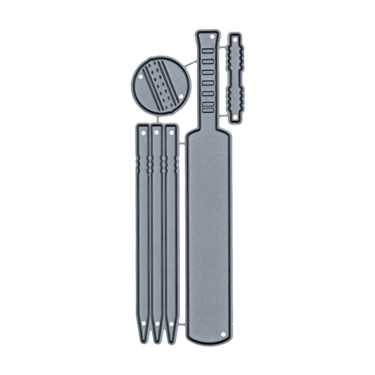 Cricket metal cutting die set on a white background featuring a bat, three stumps, ball and bails for papercraft projects