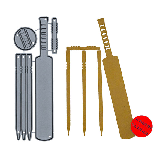 Cricket metal cutting die set shown with example papercraft cuts of a bat, stumps, ball and bails on a white background