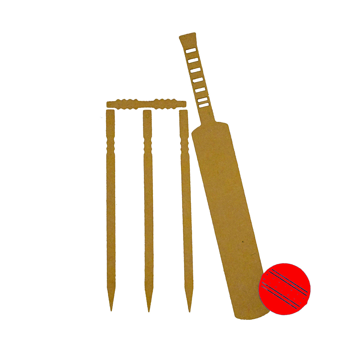 Cricket papercraft die cuts on a white background showing a bat, stumps, red ball and bails made with the metal cutting die set