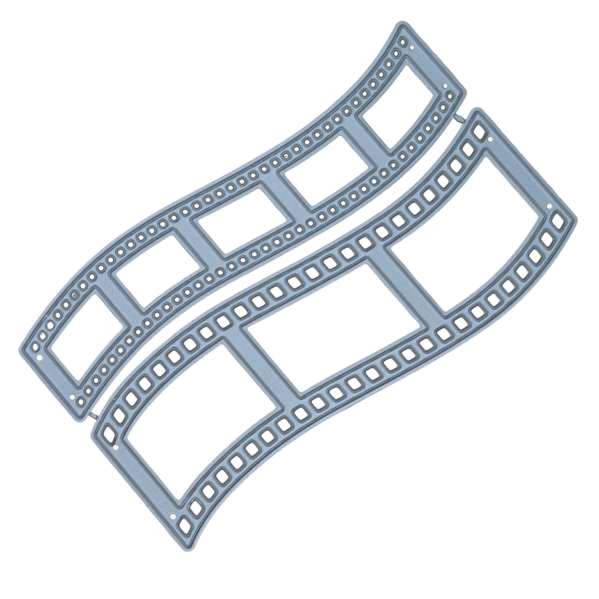 Two curved camera film strip metal cutting dies with decorative sprocket hole details