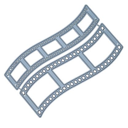 Two curved camera film strip metal cutting dies with decorative sprocket hole details