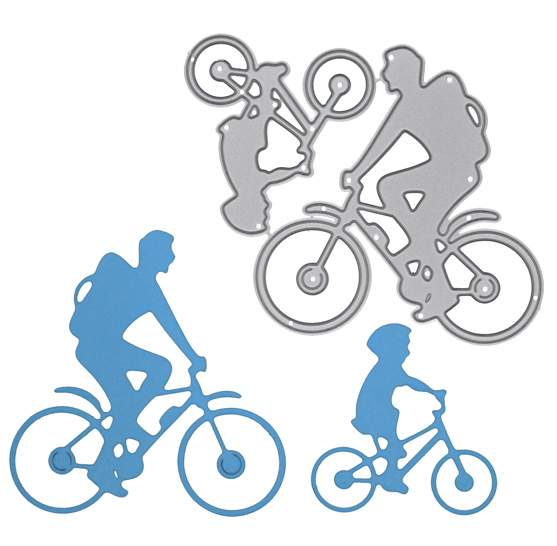 Finished blue cyclist and child bicycle die cuts alongside matching metal cutting die for family themed card making projects