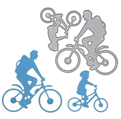 Finished blue cyclist and child bicycle die cuts alongside matching metal cutting die for family themed card making projects