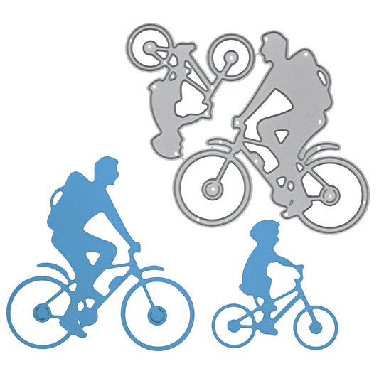 Finished blue cyclist and child bicycle die cuts alongside matching metal cutting die for family themed card making projects