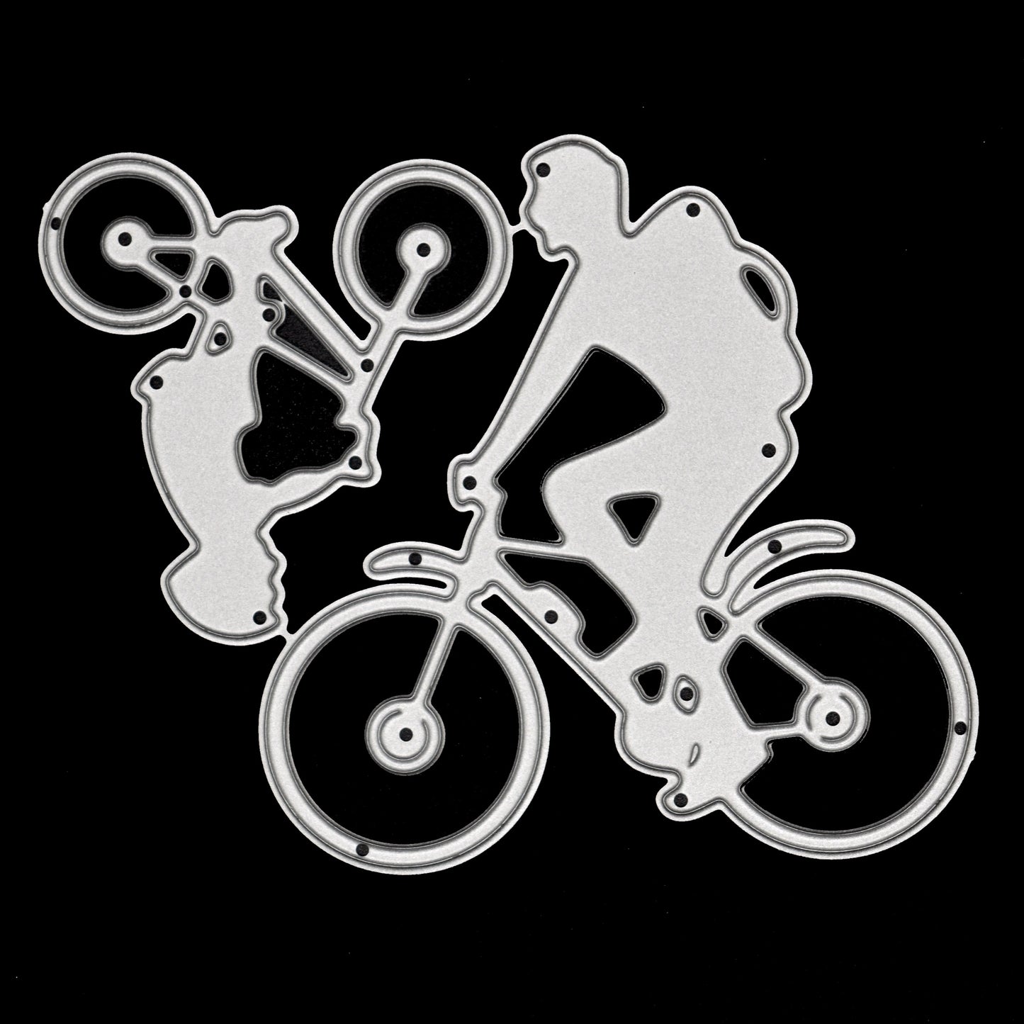 Metal cutting die featuring man and child riding bicycles silhouette design for cycling themed card making and crafts