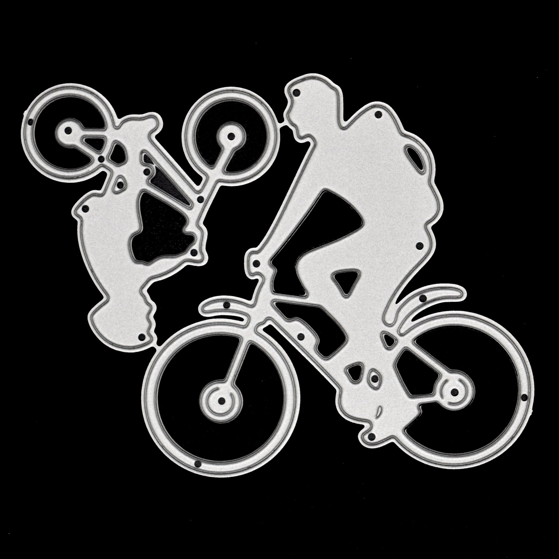 Metal cutting die featuring man and child riding bicycles silhouette design for cycling themed card making and crafts