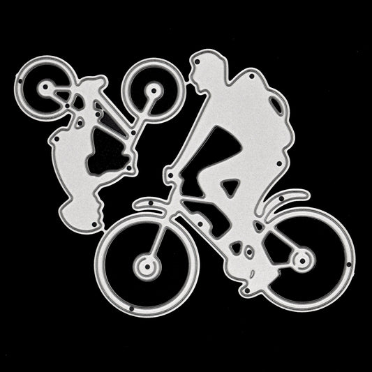 Metal cutting die featuring man and child riding bicycles silhouette design for cycling themed card making and crafts