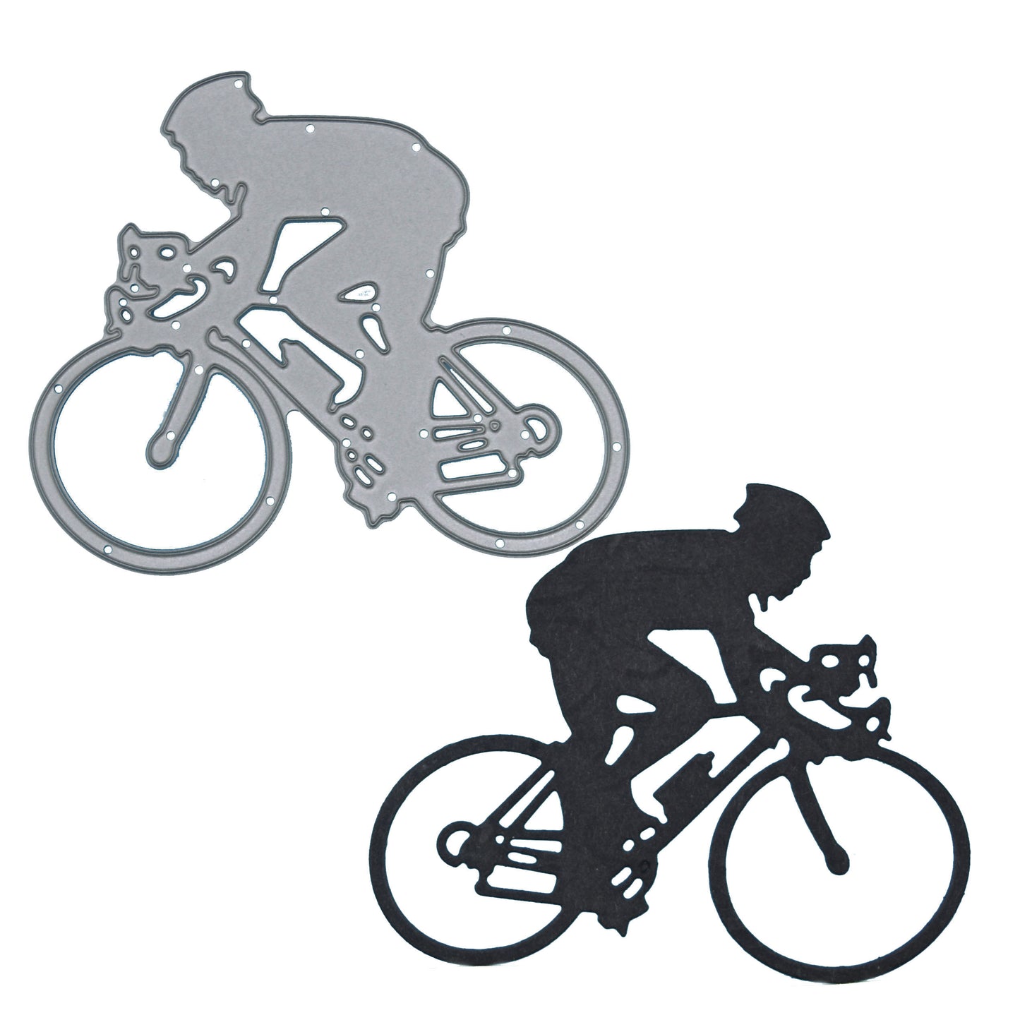 Cyclist metal cutting die and cut example on white background showing racing bicycle design