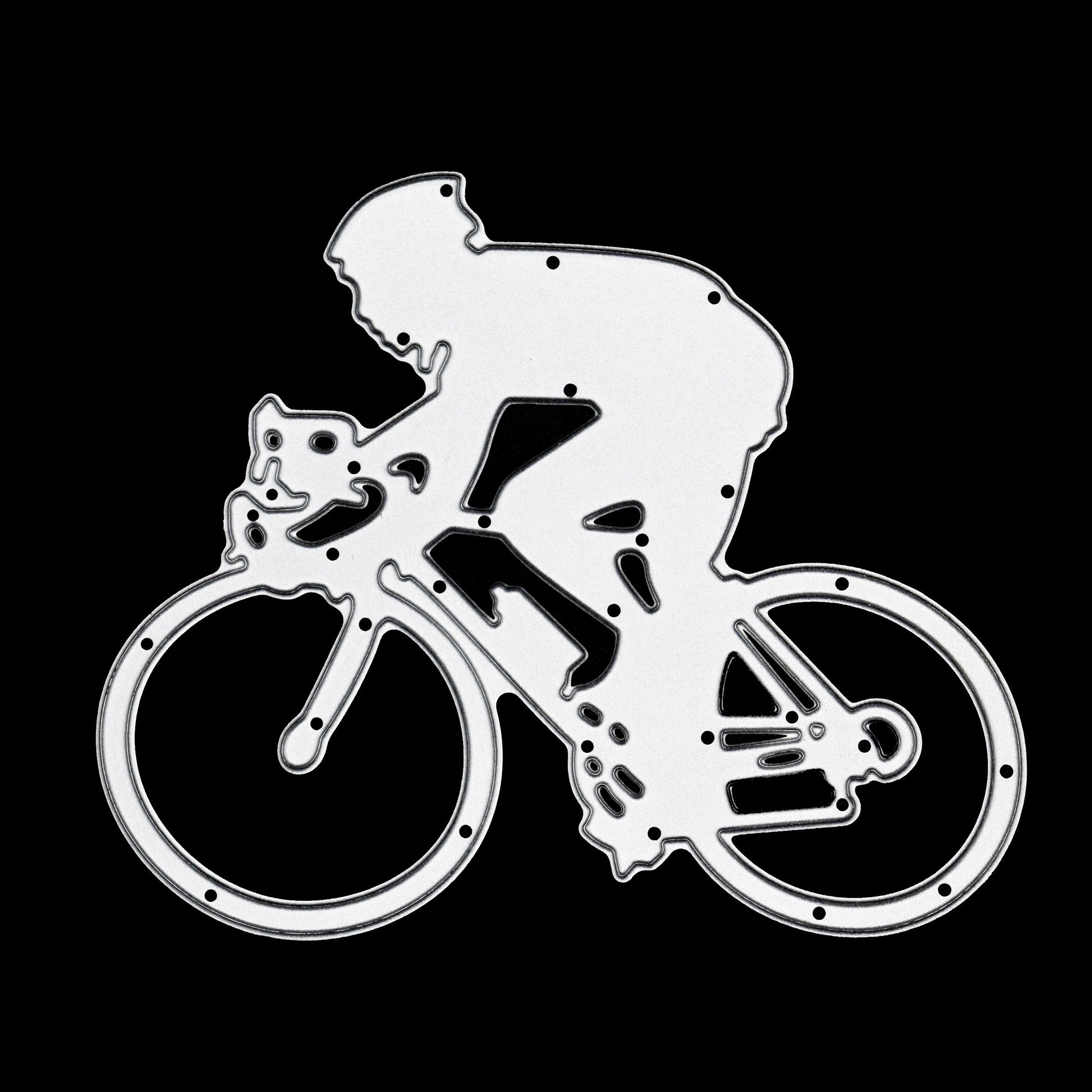 Cyclist metal cutting die close-up on black background showing detailed racing bicycle design