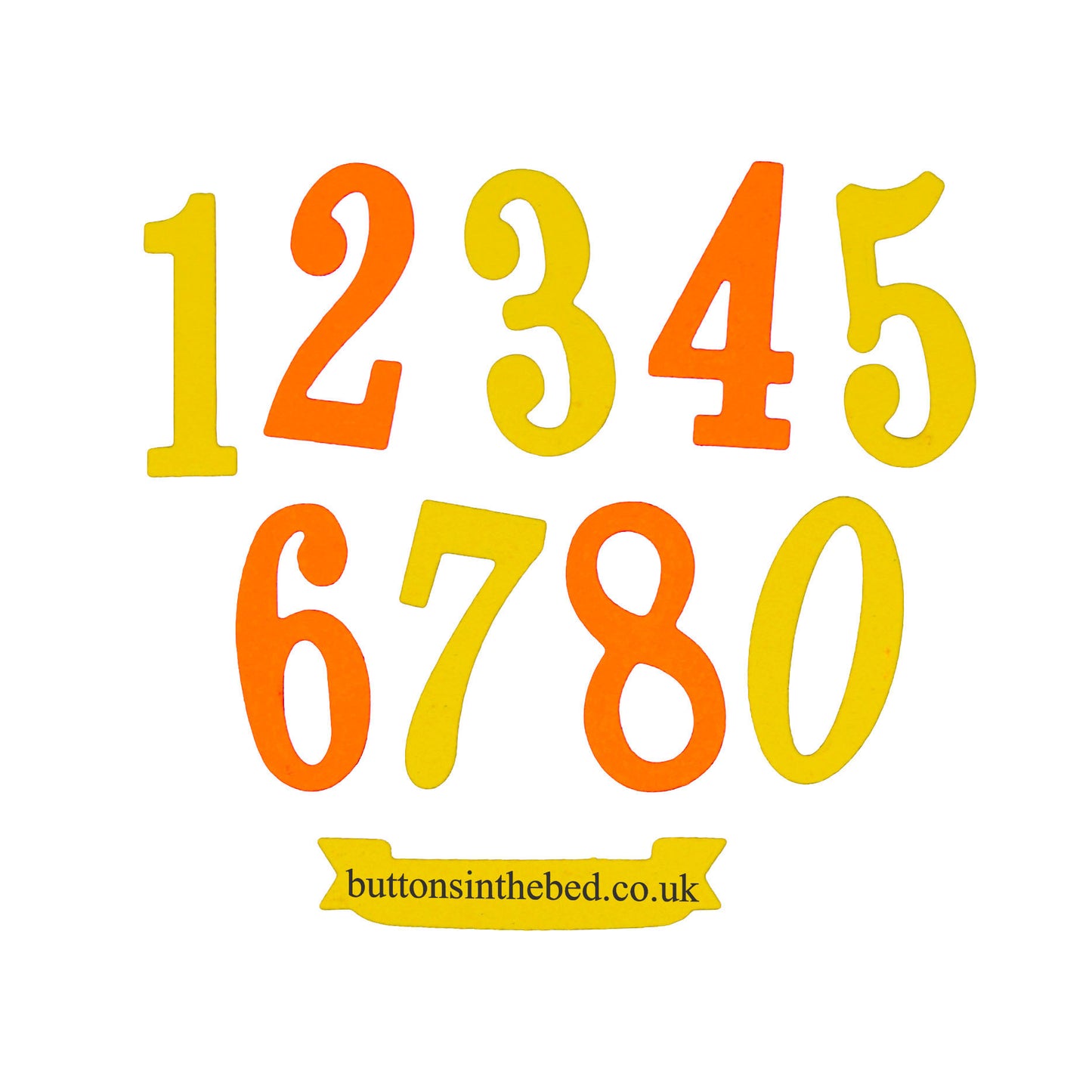 Yellow and orange decorative number die cuts from zero to nine with a small banner shape on a white background.