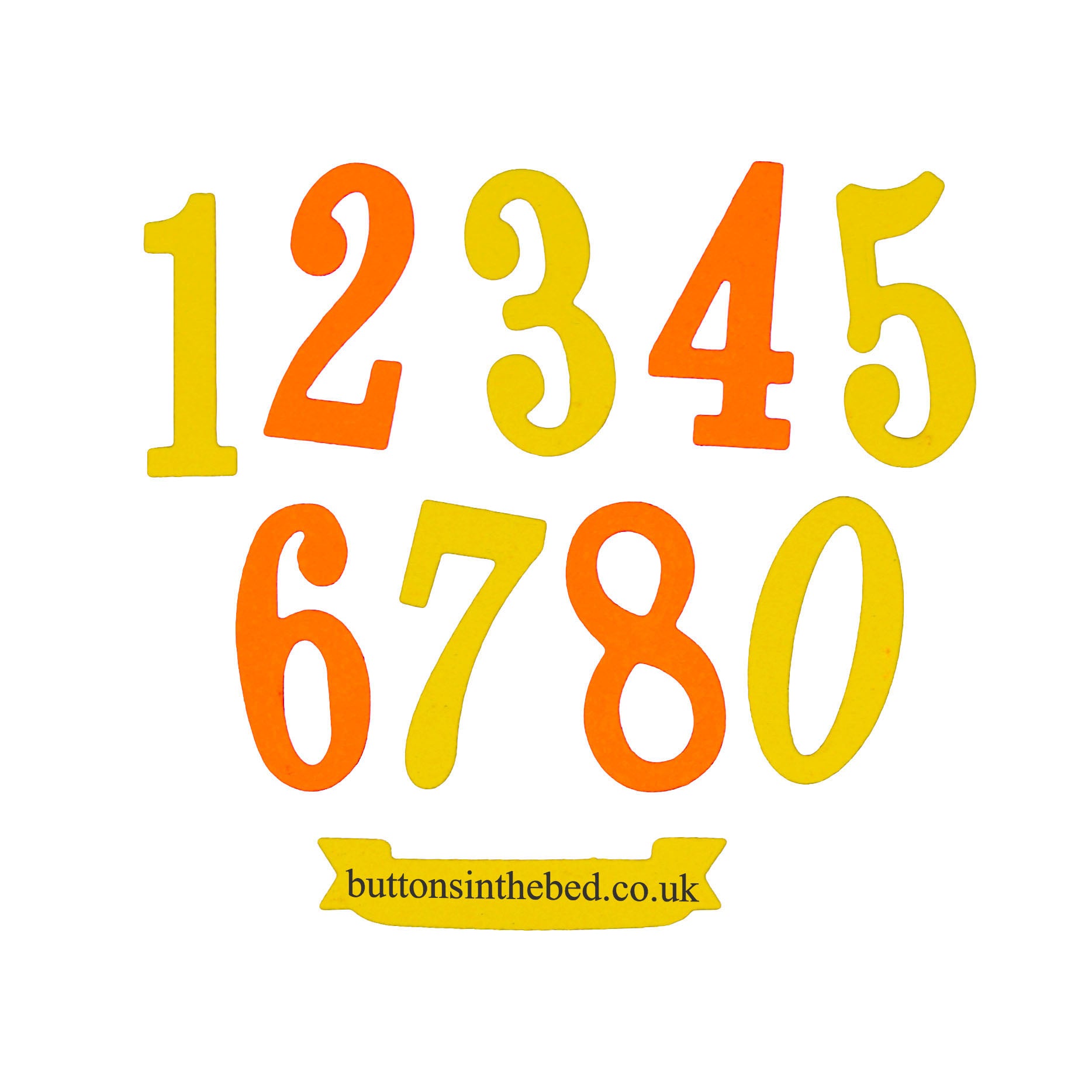 Yellow and orange decorative number die cuts from zero to nine with a small banner shape on a white background.