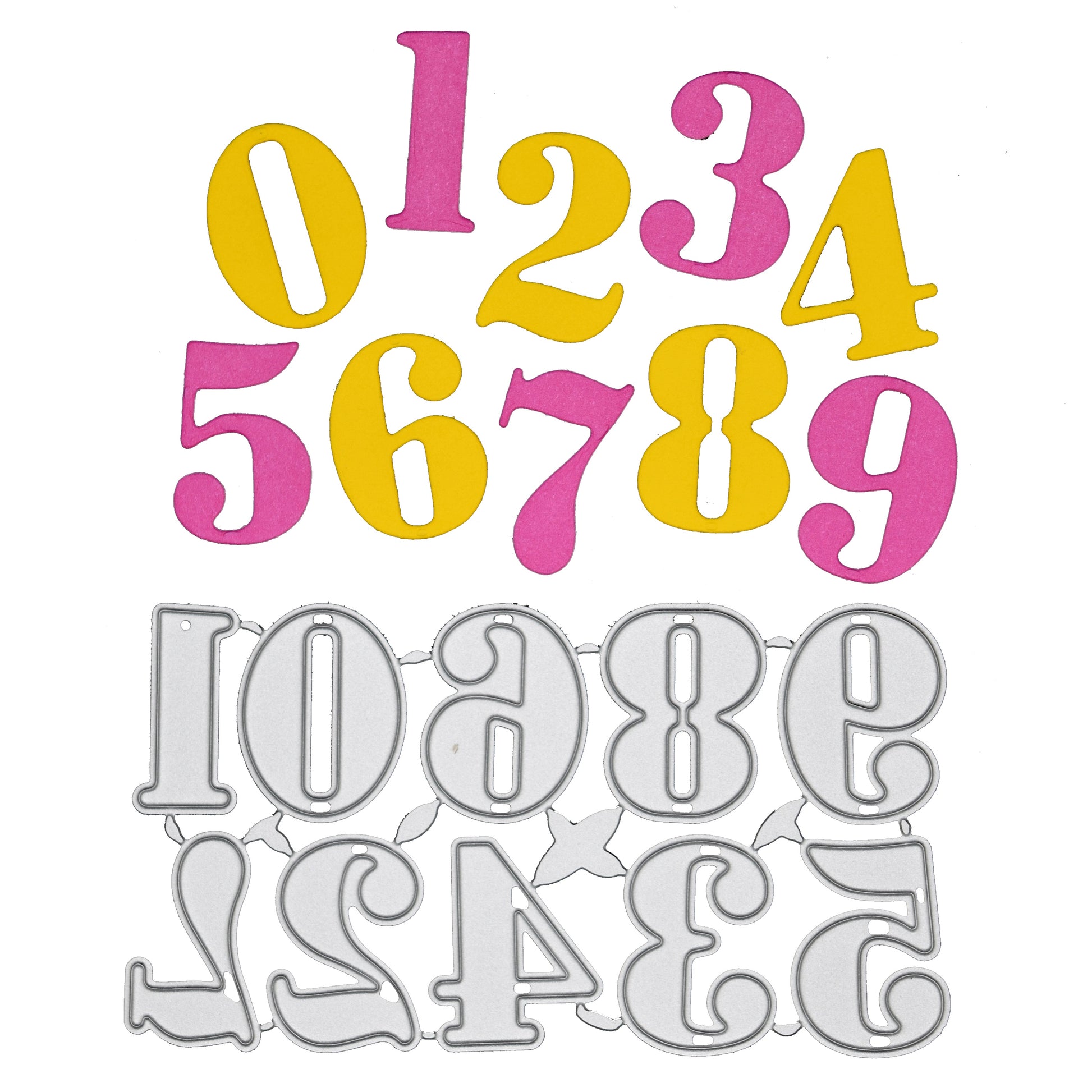 Decorative number metal cutting dies set with colourful 0 to 9 die cut examples for card making and papercrafts
