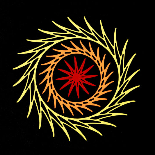 Layered decorative circular swirl dies used to create colourful frame design