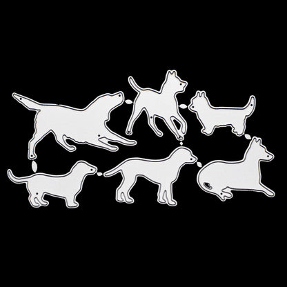 Dog silhouette metal cutting dies set with six pet breed designs displayed on a black background to highlight the cutting edges and individual shapes.