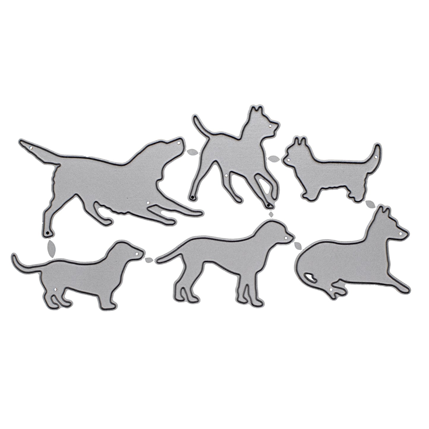 Dog silhouette metal cutting dies set with six different pet breed designs displayed on a white background for card making and papercraft projects.