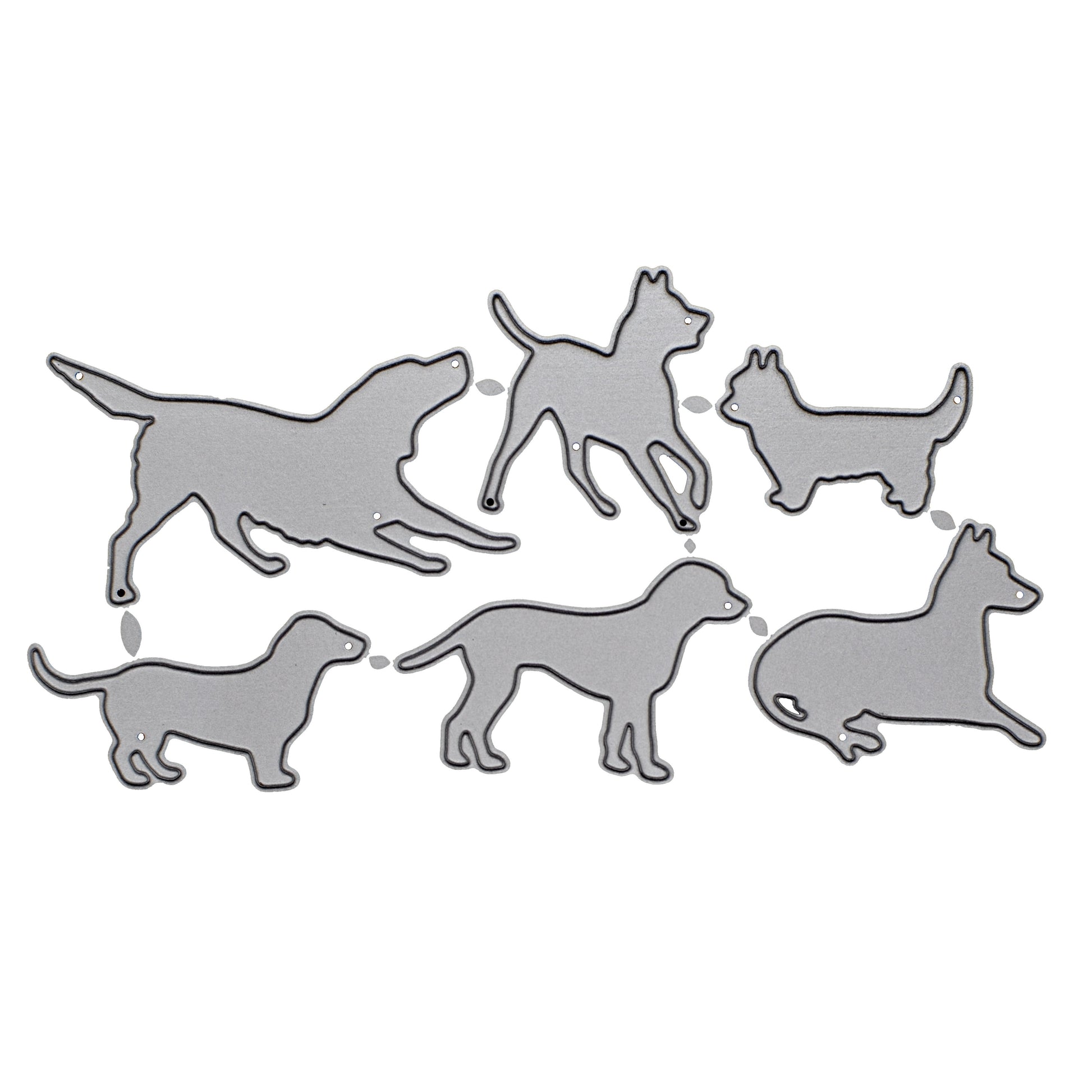 Dog silhouette metal cutting dies set with six different pet breed designs displayed on a white background for card making and papercraft projects.