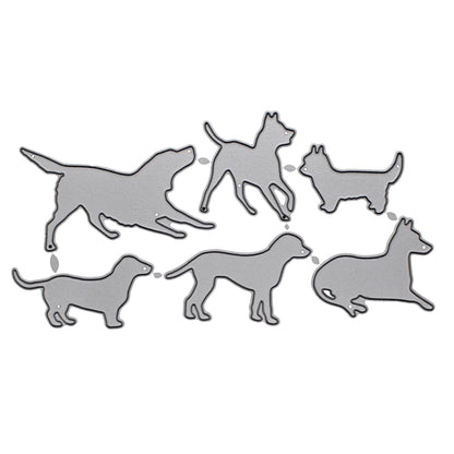 Dog silhouette metal cutting dies set with six different pet breed designs displayed on a white background for card making and papercraft projects.