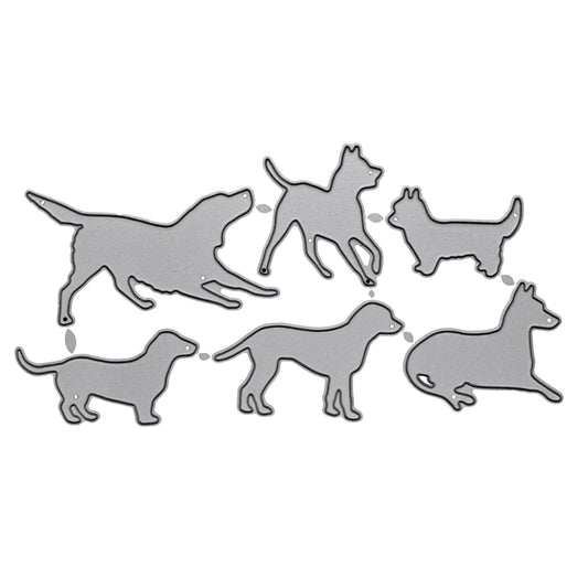 Dog silhouette metal cutting dies set with six different pet breed designs displayed on a white background for card making and papercraft projects.