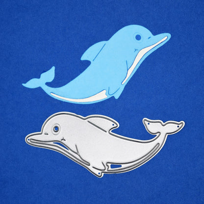 Blue dolphin die cut shape with matching metal cutting die for ocean themed card making