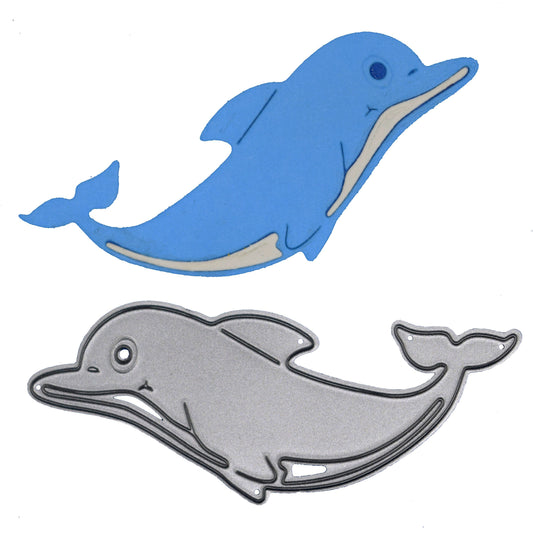 Dolphin metal cutting die with matching cut example for papercraft and scrapbooking projects