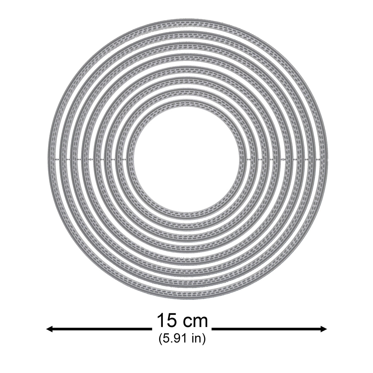 Large double stitch circle nesting metal cutting die set with the largest circle measuring approximately 15 cm across.