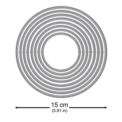 Large double stitch circle nesting metal cutting die set with the largest circle measuring approximately 15 cm across.