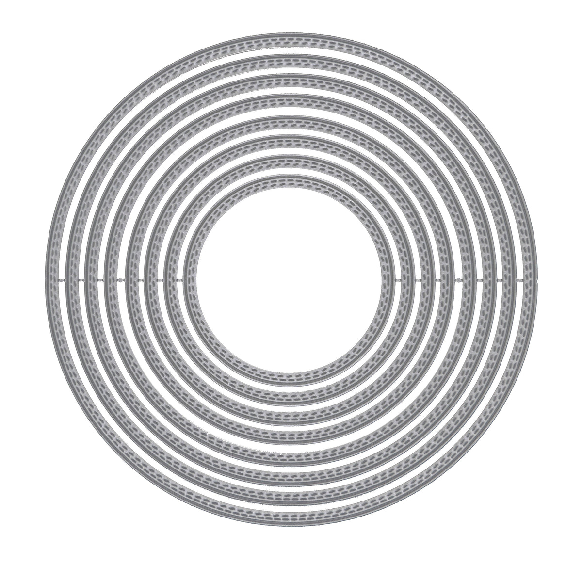 Eight graduated double stitch circle metal cutting dies for card making and papercraft, displayed on a white background.