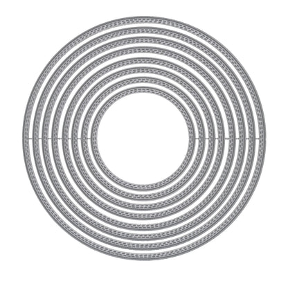 Eight graduated double stitch circle metal cutting dies for card making and papercraft, displayed on a white background.