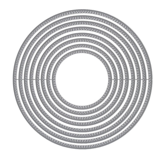 Eight graduated double stitch circle metal cutting dies for card making and papercraft, displayed on a white background.