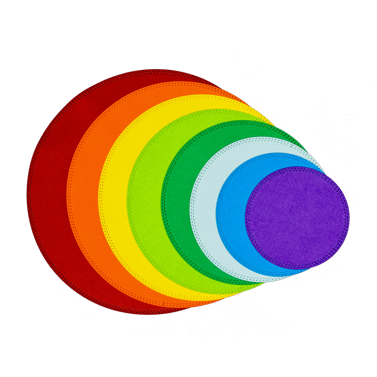 Colourful circle paper cuts made with the large double stitch circle nesting metal cutting dies, showing all eight graduated sizes.