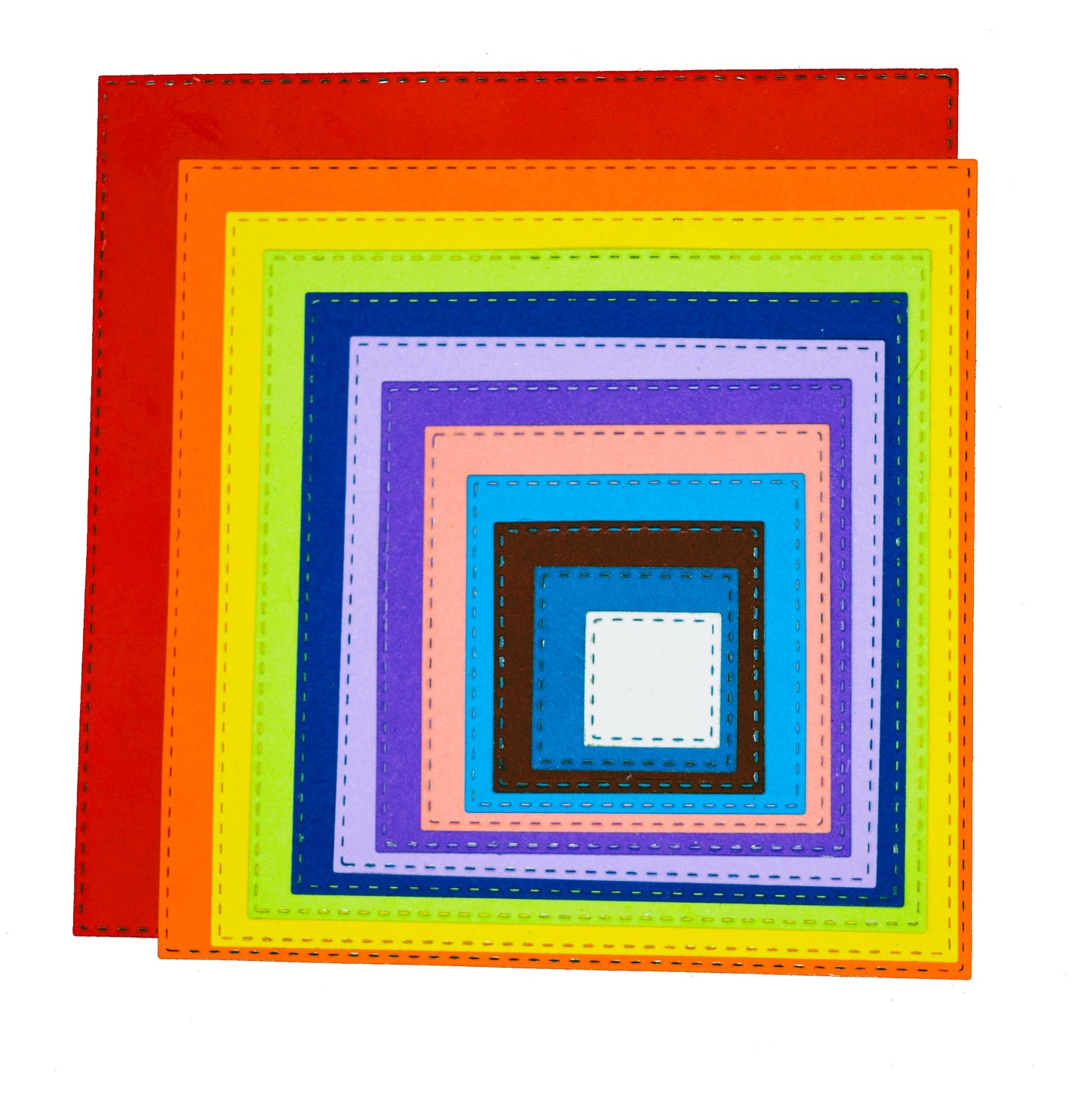 Colourful graduated square die cuts showing the decorative stitched edges created for card making and papercraft.