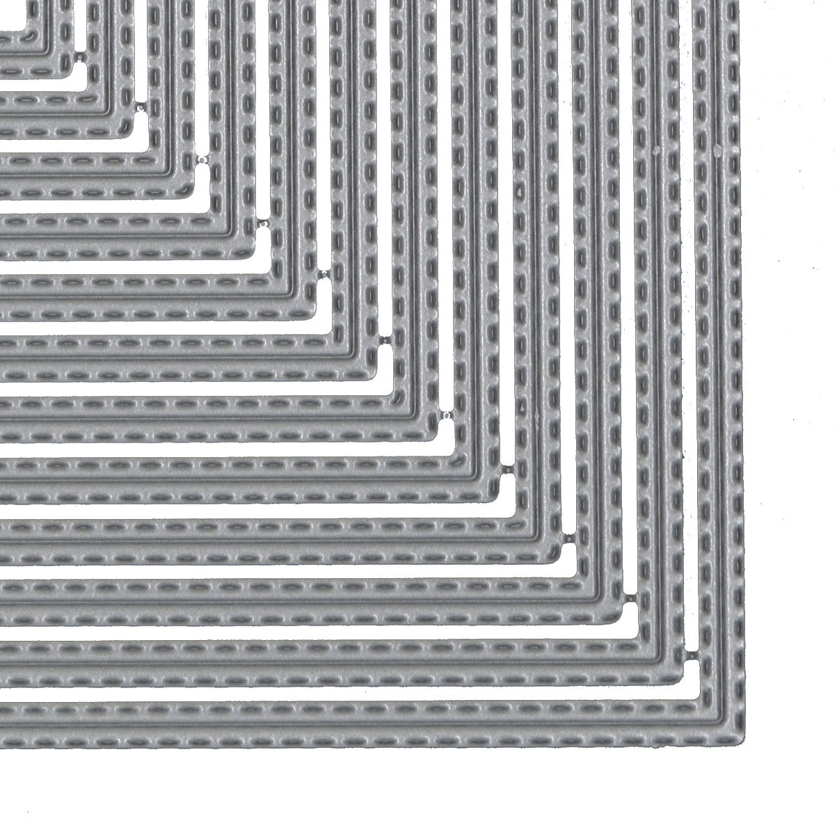 Close-up view of the cutting edges and decorative stitch details on the square nesting metal dies.