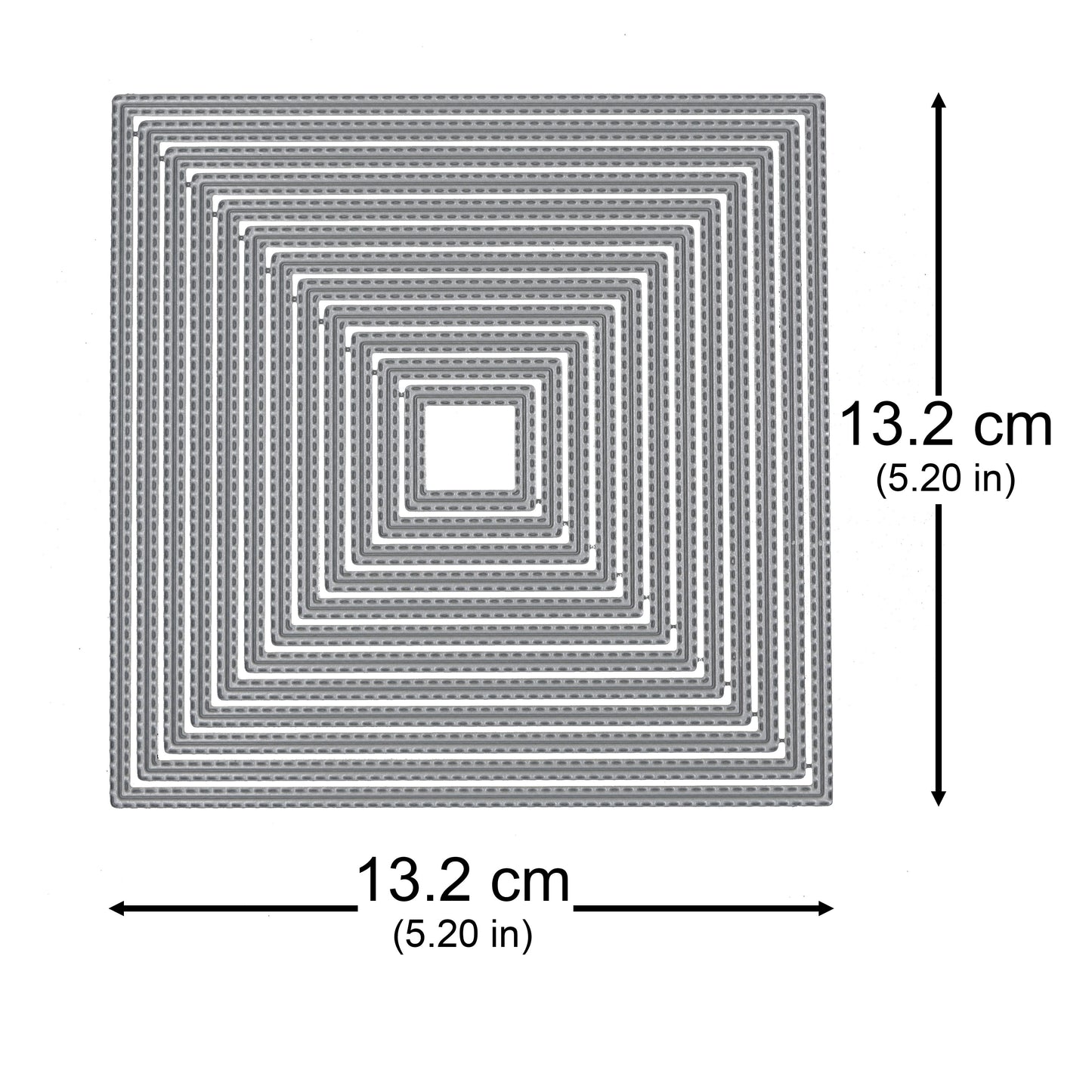 Double stitched square nesting die set with the largest die measuring approximately 13.2 × 13.2 cm.