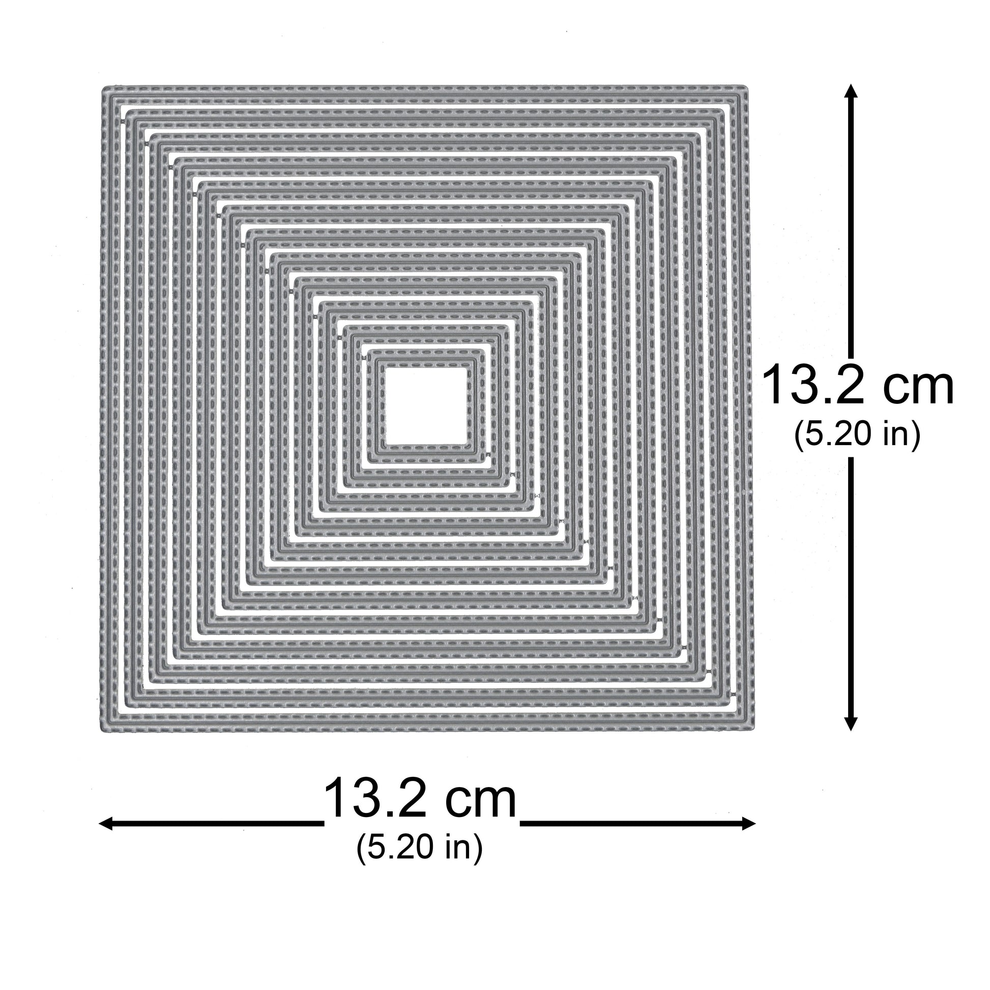 Double stitched square nesting die set with the largest die measuring approximately 13.2 × 13.2 cm.