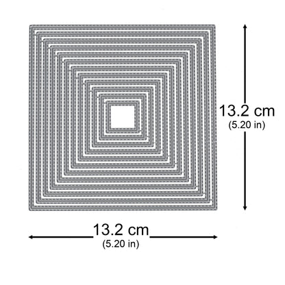 Double stitched square nesting die set with the largest die measuring approximately 13.2 × 13.2 cm.