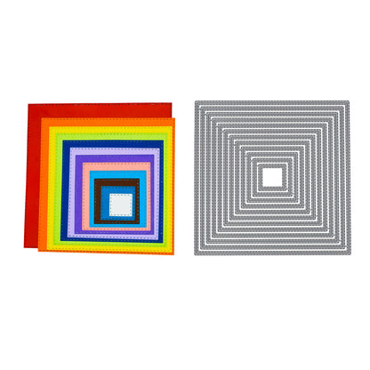 Colourful double stitched square die cuts displayed beside the matching 12-piece metal cutting die set.