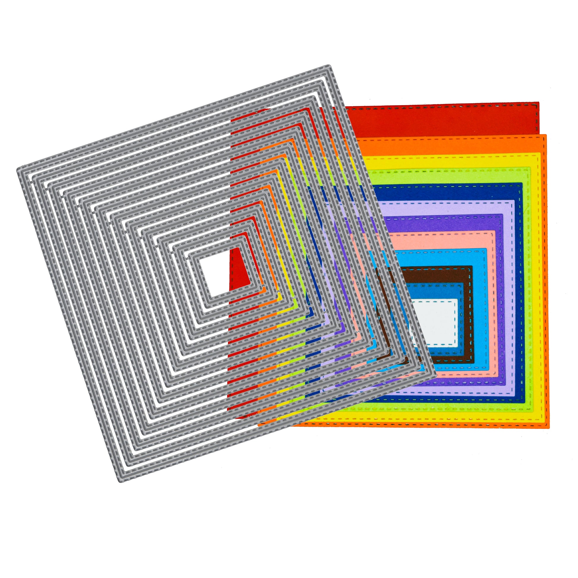 Double stitched square nesting metal cutting dies overlapping colourful graduated example cuts on a white background.