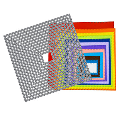 Double stitched square nesting metal cutting dies overlapping colourful graduated example cuts on a white background.