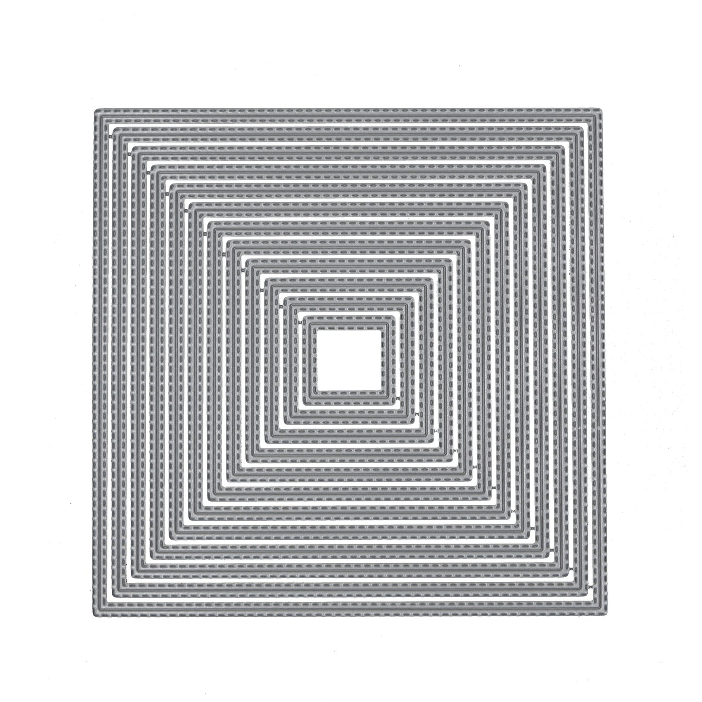 Twelve graduated double stitched square nesting metal cutting dies displayed together on a white background.