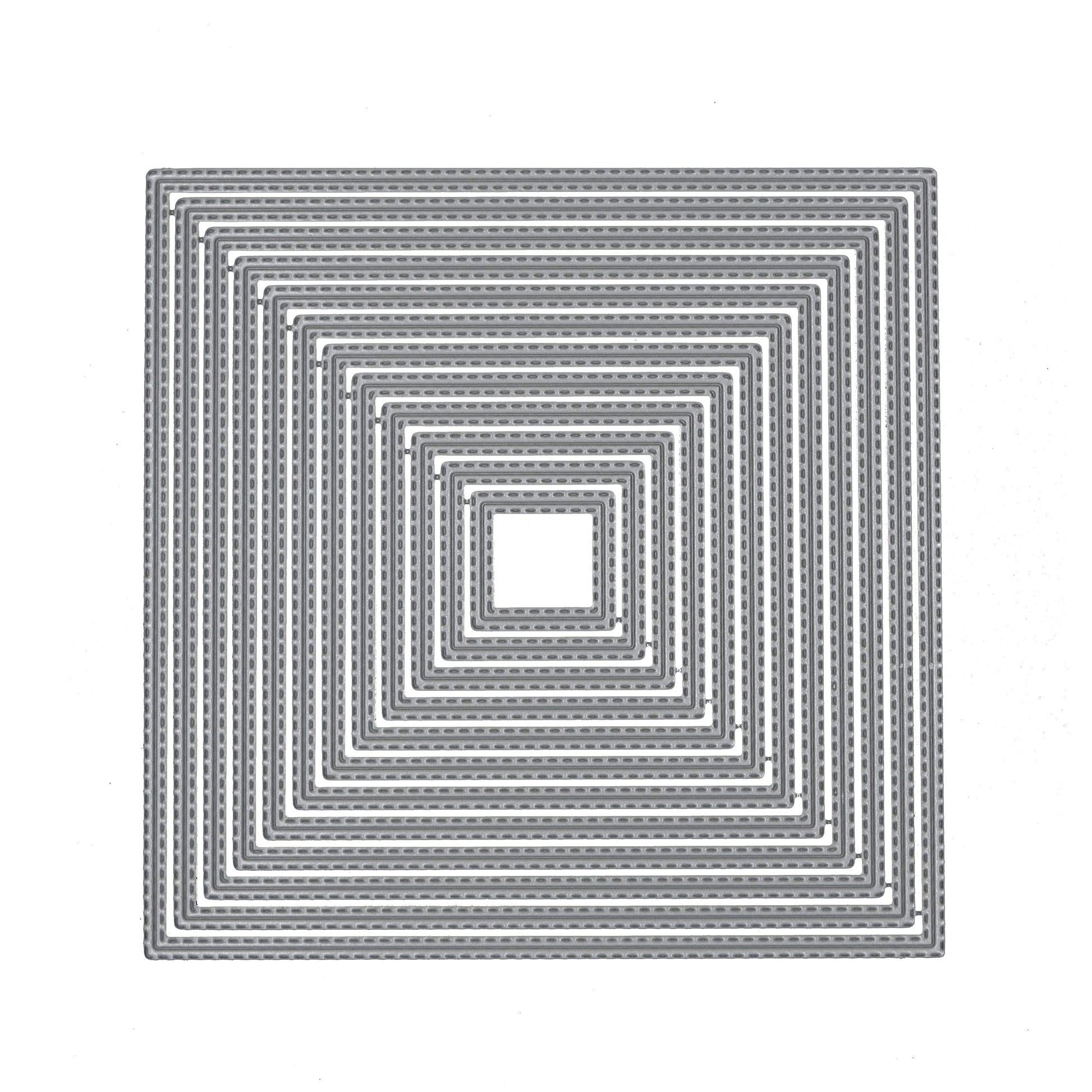 Twelve graduated double stitched square nesting metal cutting dies displayed together on a white background.