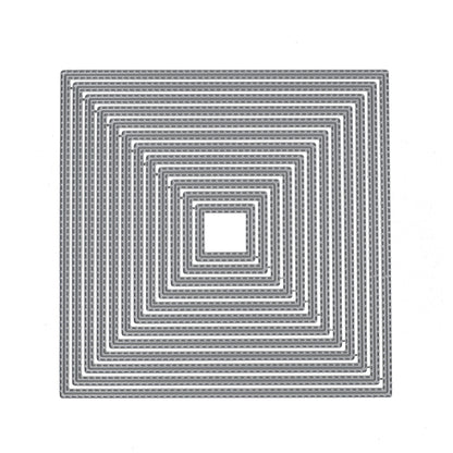 Twelve graduated double stitched square nesting metal cutting dies displayed together on a white background.