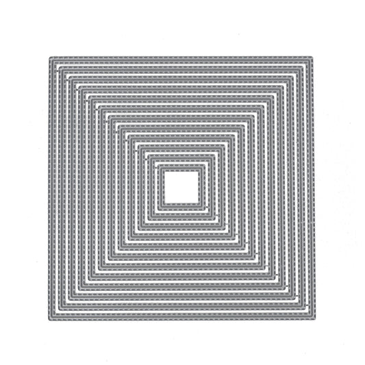 Twelve graduated double stitched square nesting metal cutting dies displayed together on a white background.