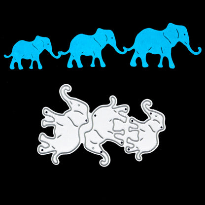 Blue elephant die cuts with matching elephant metal cutting dies on black background for handmade card making and papercraft designs
