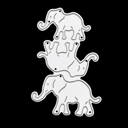 Three elephant metal cutting dies on black background for handmade cards scrapbooking and animal themed paper crafts