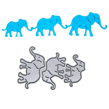 Elephant family metal cutting die set with three separate elephant silhouette dies and matching blue die cuts for card making and papercraft projects