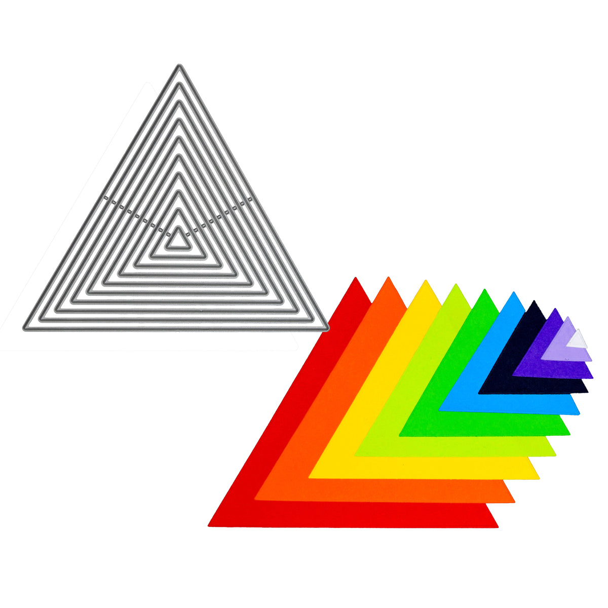 Equilateral triangle nesting metal cutting dies beside rainbow-coloured paper cuts on white, showing the ten sizes for layered papercraft.