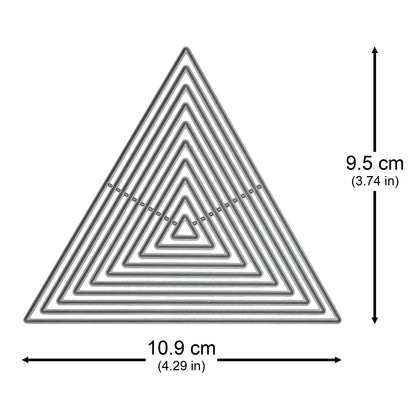 Equilateral triangle nesting metal cutting dies with the largest die marked 10.9 cm wide and 9.5 cm high.