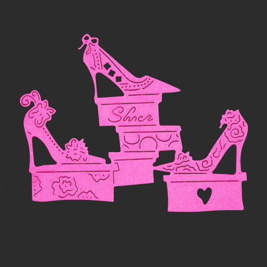 Pink high heel shoe die cut design with decorative shoeboxes for handmade fashion cards